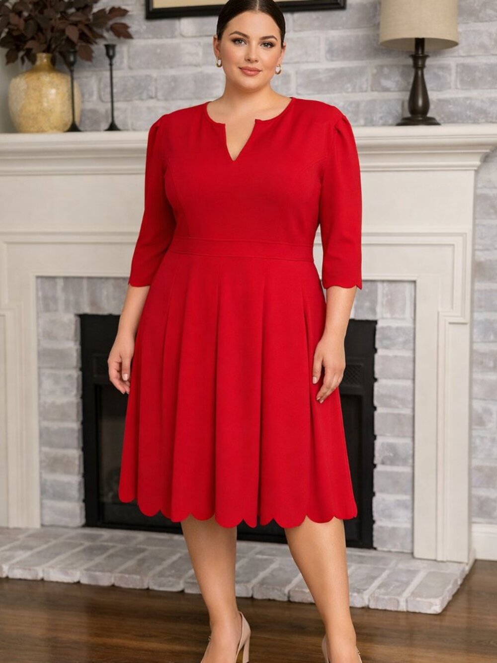 Meaneor Red Pleated 3/4 Sleeve Dress with Scalloped Edges NWT Size XL